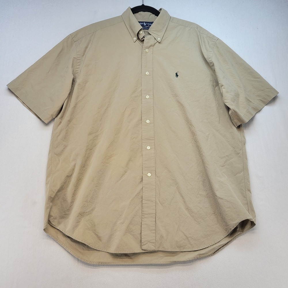 Ralph Lauren Button Down Shirt Mens Large Tan Blake Short Sleeve Cotton Khaki